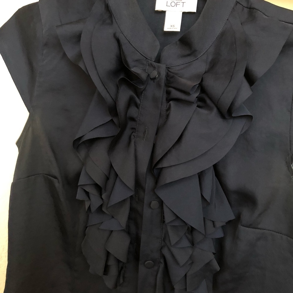 Loft Ruffle Button Down Navy Blouse - image 4